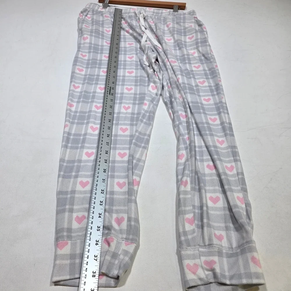 Loft Pajama Set Womens Large Gray Pink Heart Plaid Sleepwear Loungewear 2 Piece